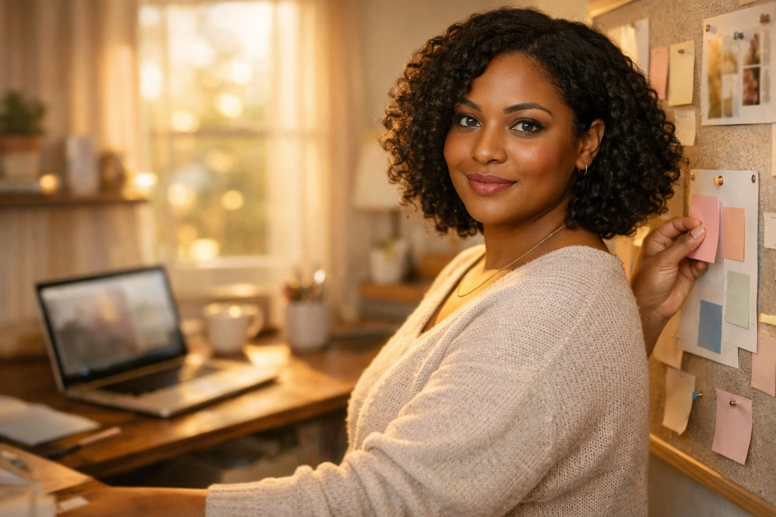 Maria D placing a sticky note on a pinboard in her home studio, warm golden light.