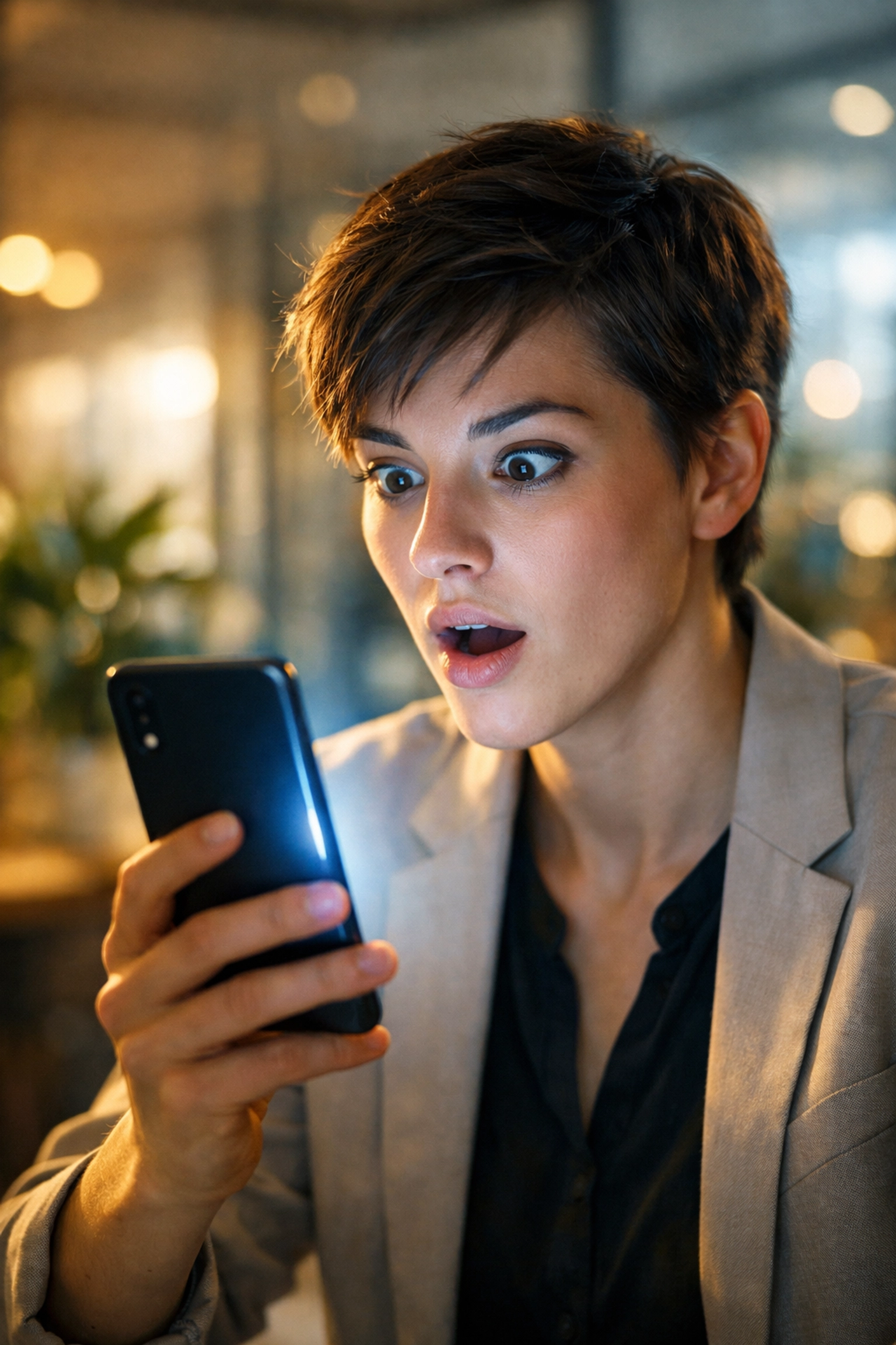 Professional engaging with a mobile video ad hook on a vertical smartphone screen.