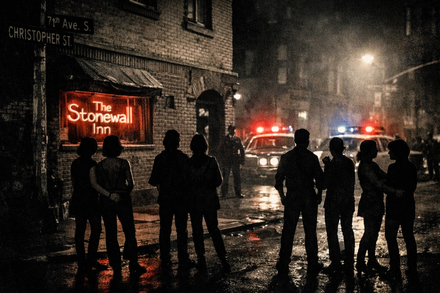 Stonewall Inn exterior during 1969 riots with LGBTQ+ protesters defying police raid