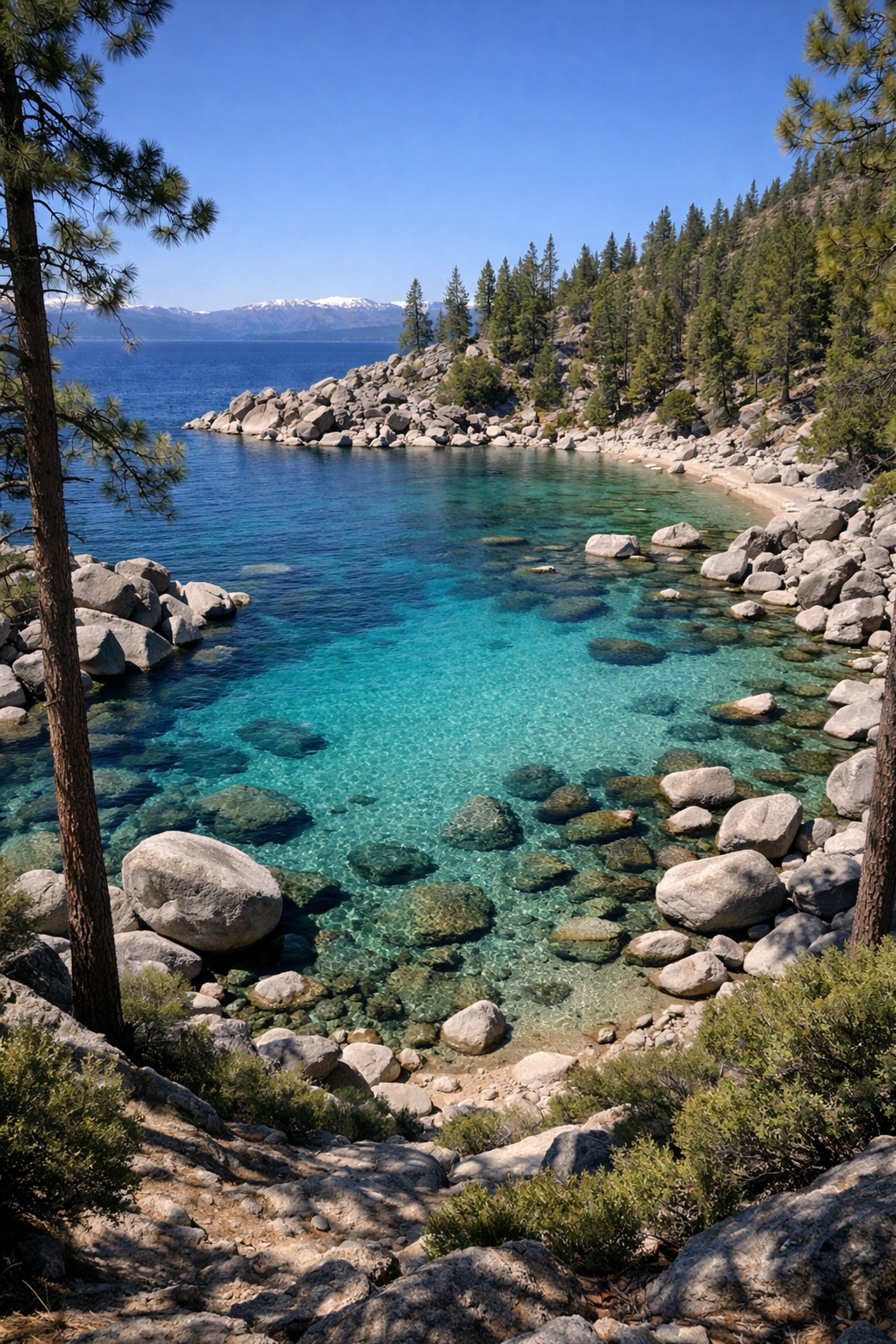 Aerial view of Secret Cove's clear turquoise water and granite rocks, ideal for landscape photography Lake Tahoe.