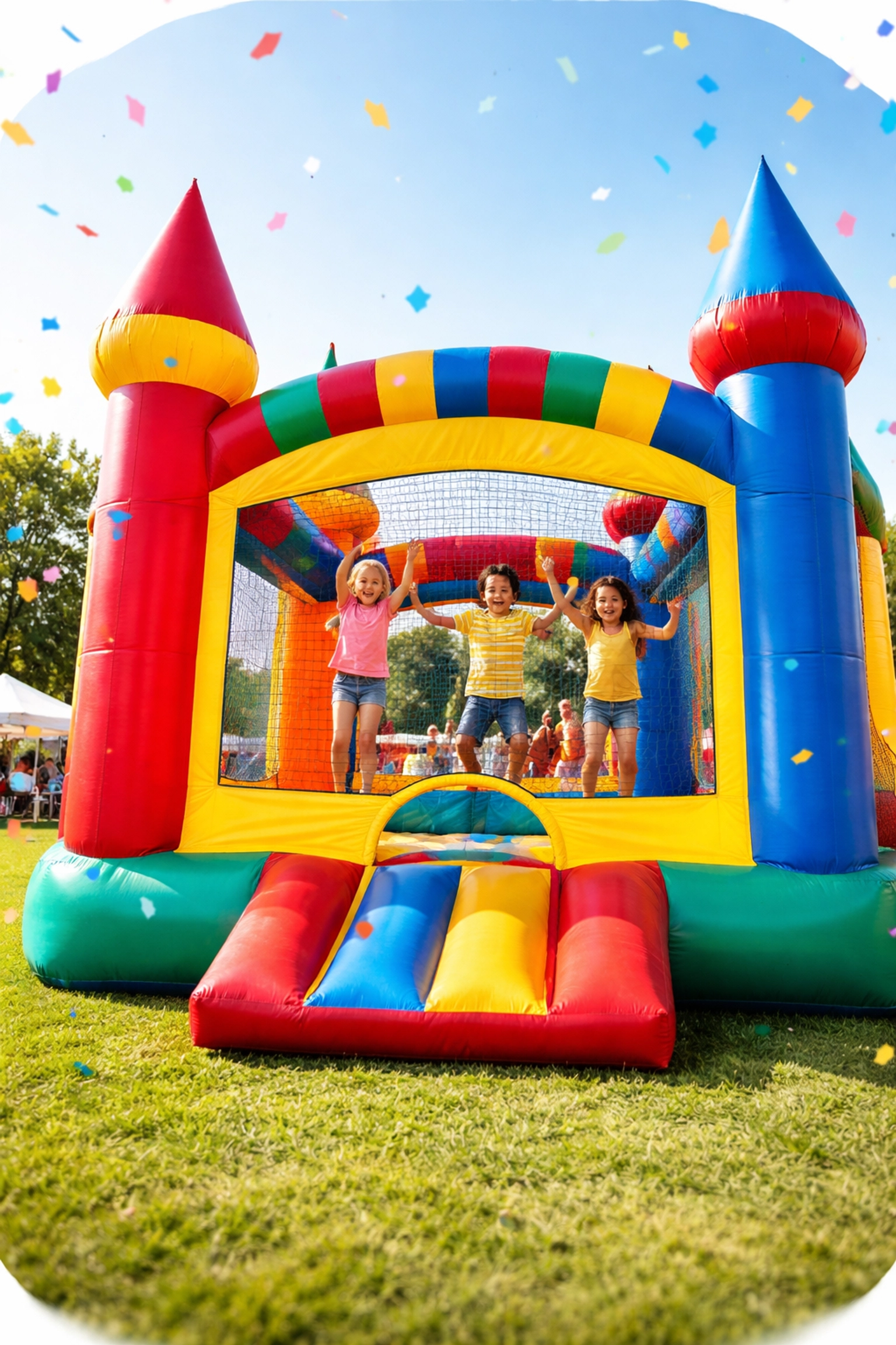Colorful bounce house at a community festival with children jumping, perfect for church and nonprofit event rentals