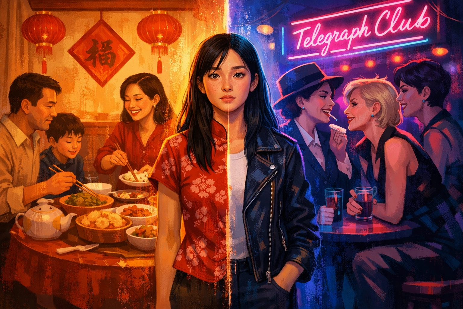 Chinese American teen between family dinner and queer nightlife showing dual identity struggle