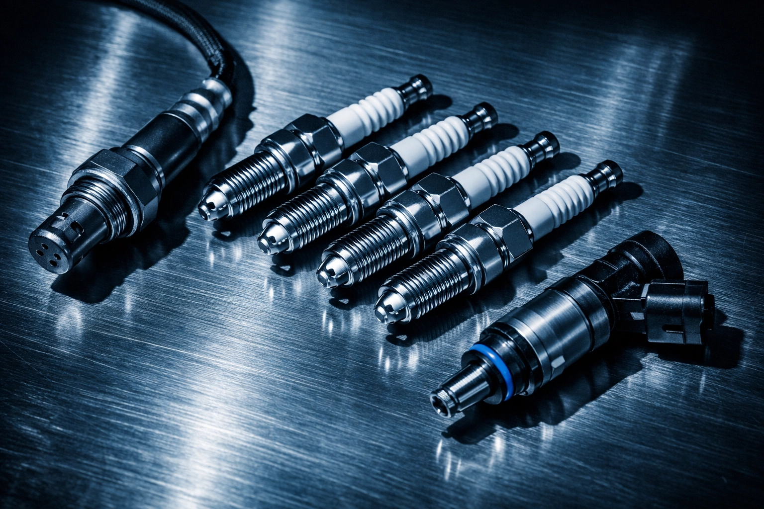 New engine parts on a workbench at a professional auto repair near me to ensure accurate vehicle fixes.