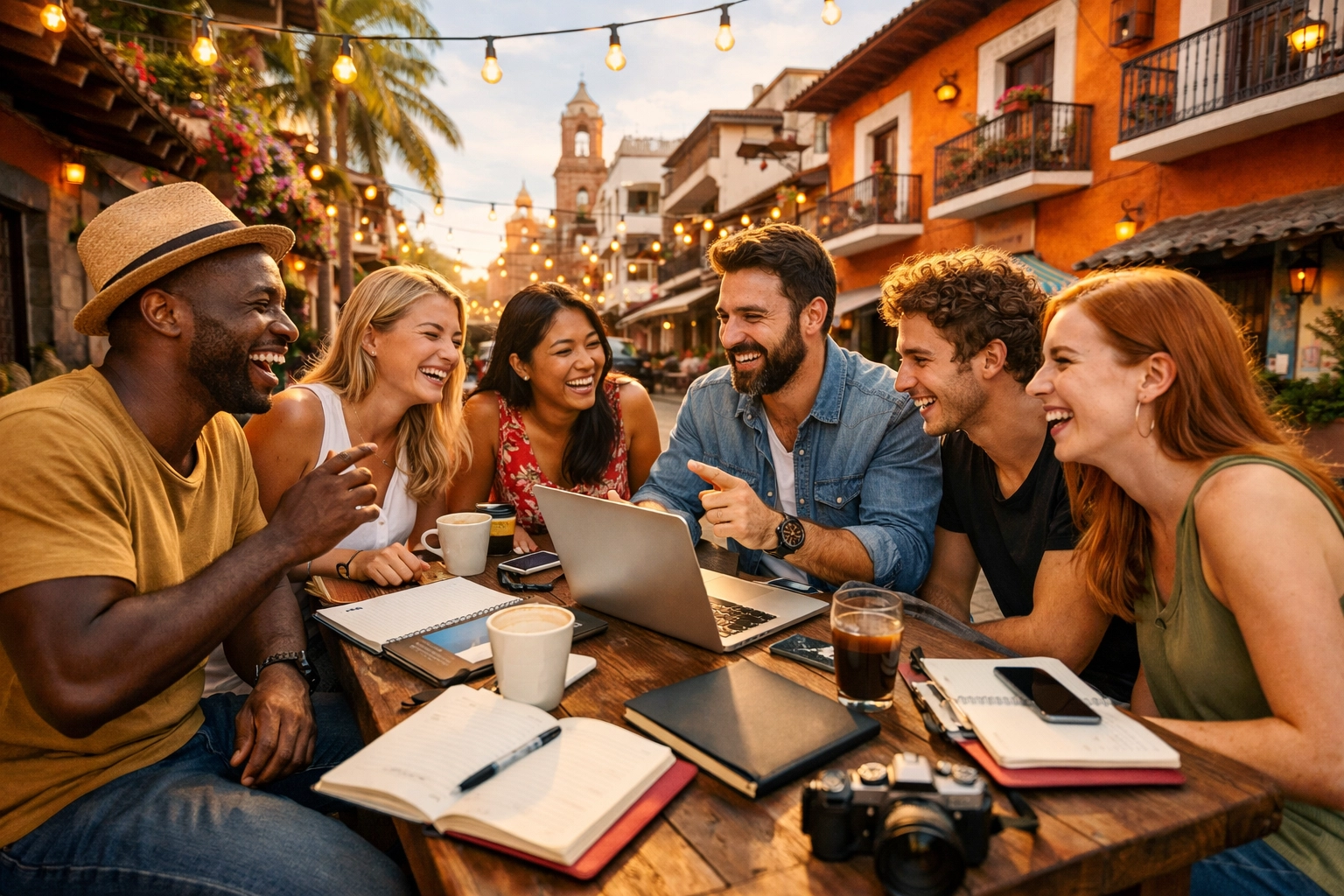 Digital nomads collaborating at outdoor cafe in Zona Romantica Puerto Vallarta