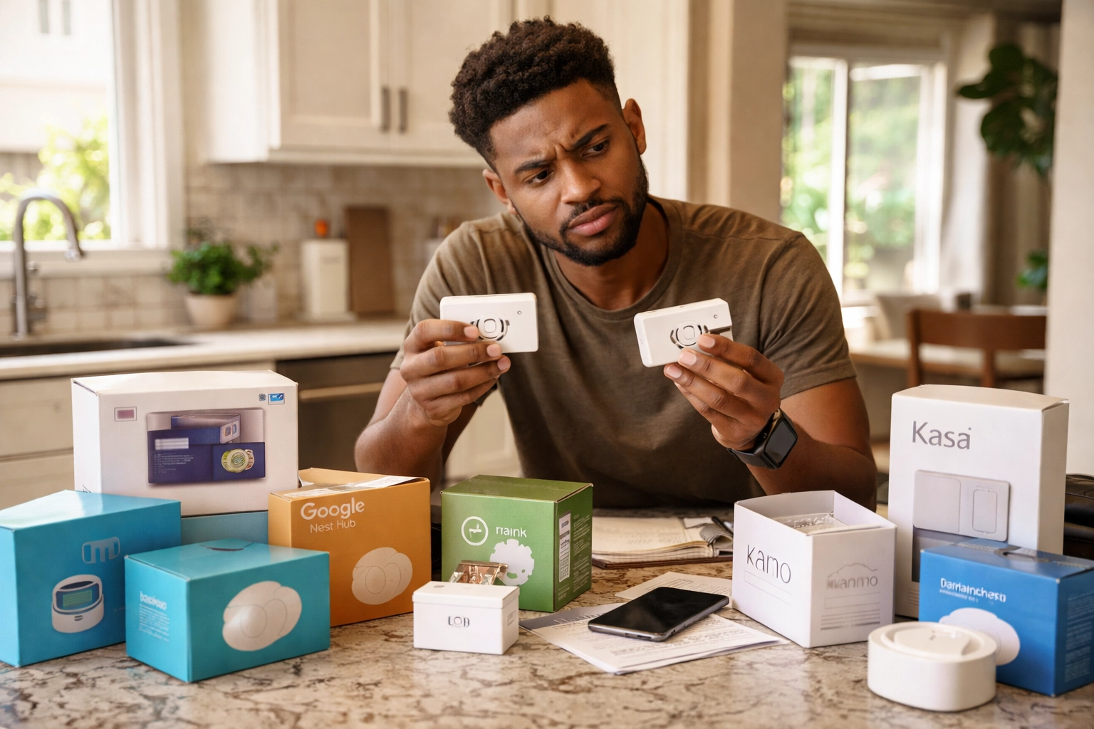 Man comparing smart home device boxes to check ecosystem compatibility
