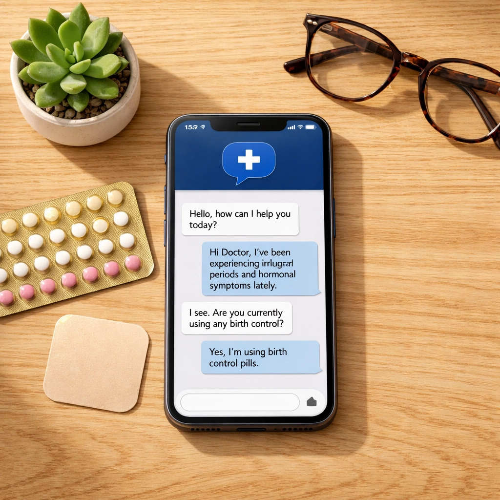 Secure medical messaging for an online birth control prescription featuring pills and a patch on a desk.