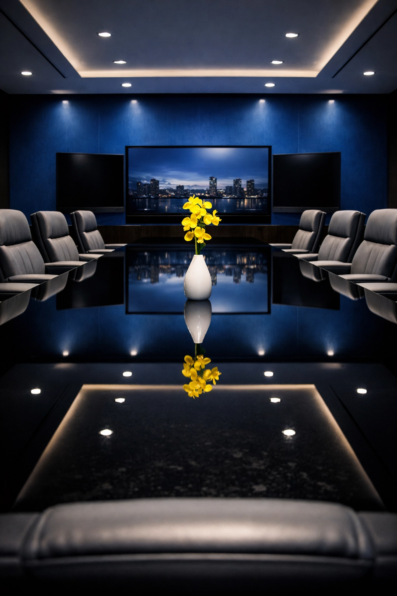 Pristine executive conference room with a reflective glass table highlighting expert office cleaning.