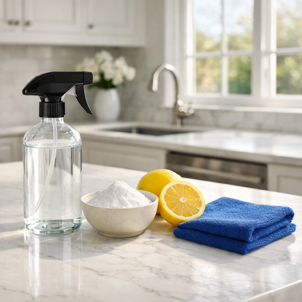 Natural house cleaning supplies like lemon and baking soda on a Shrewsbury kitchen counter.