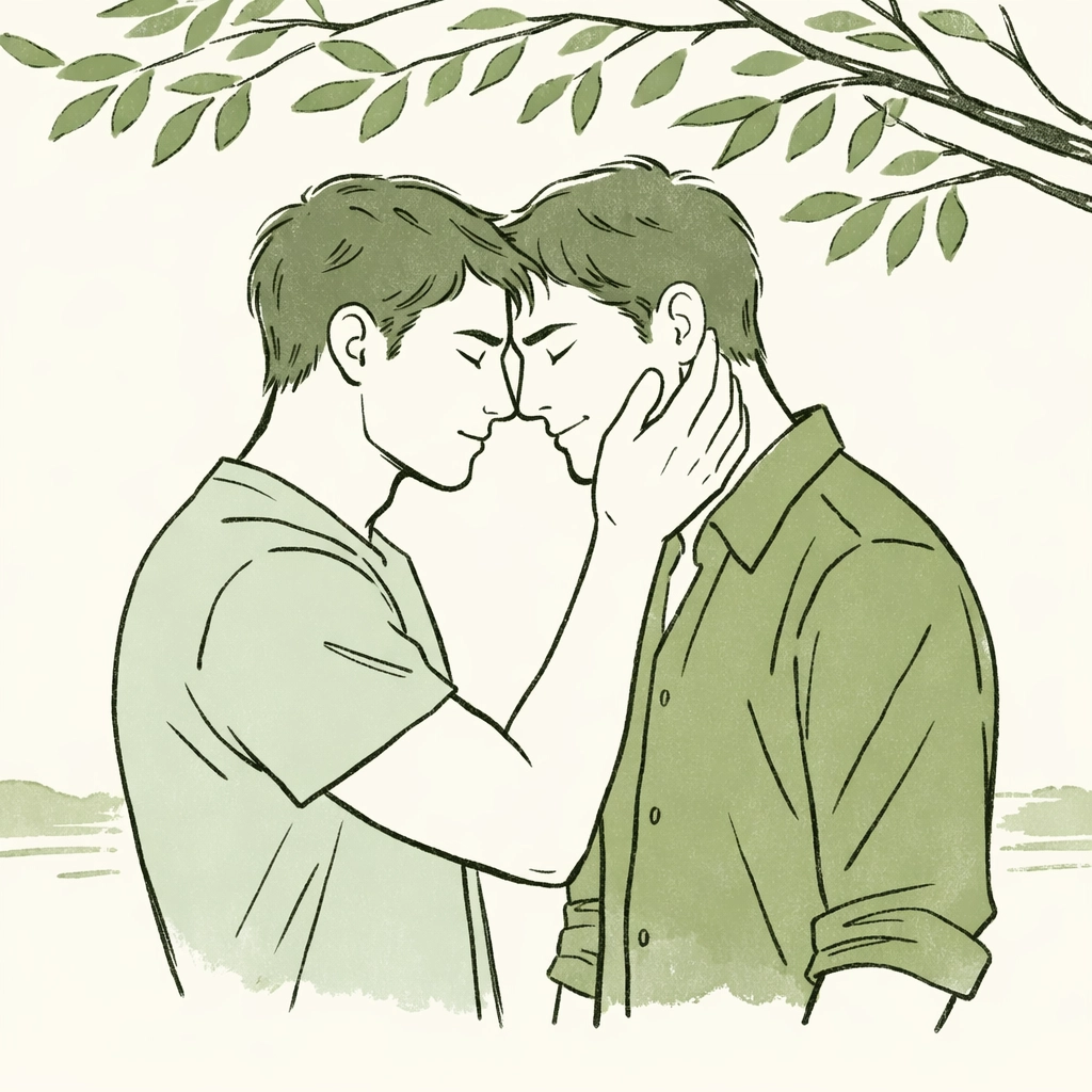 Two men in an intimate forehead touch, capturing the slow burn and deep trust of demisexual MM romance.