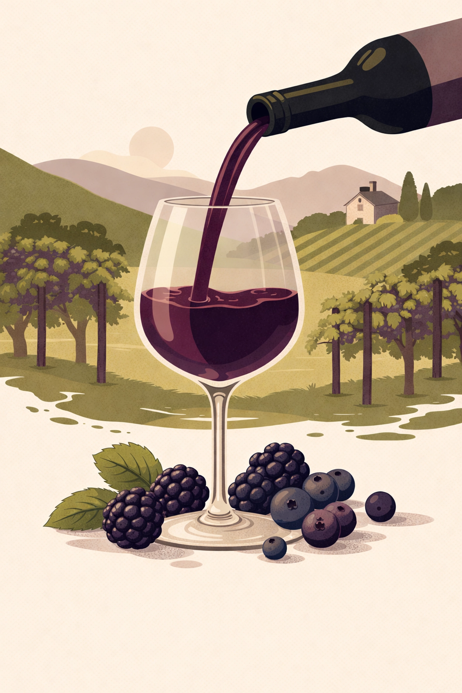 Illustrated Norton wine being poured into a glass, surrounded by blackberries and Virginia vineyard scenery.