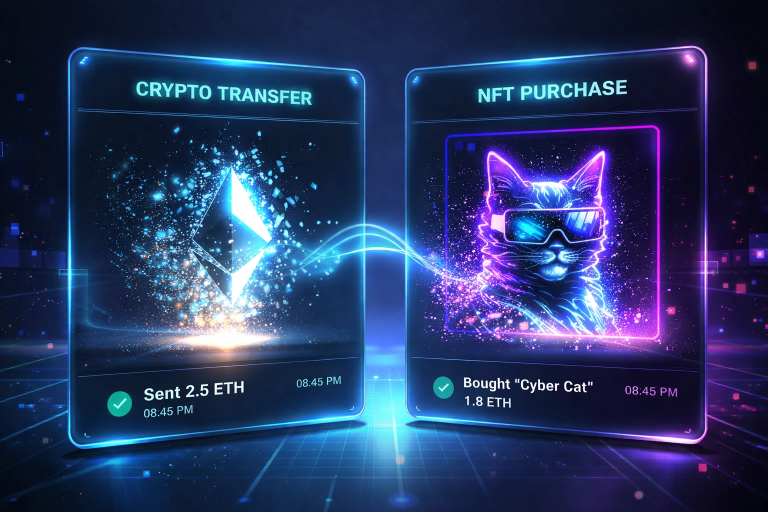 Visual comparison of crypto transaction loss and NFT acquisition, highlighting importance of accurate NFT receipt tracking and self-custody for crypto accounting.