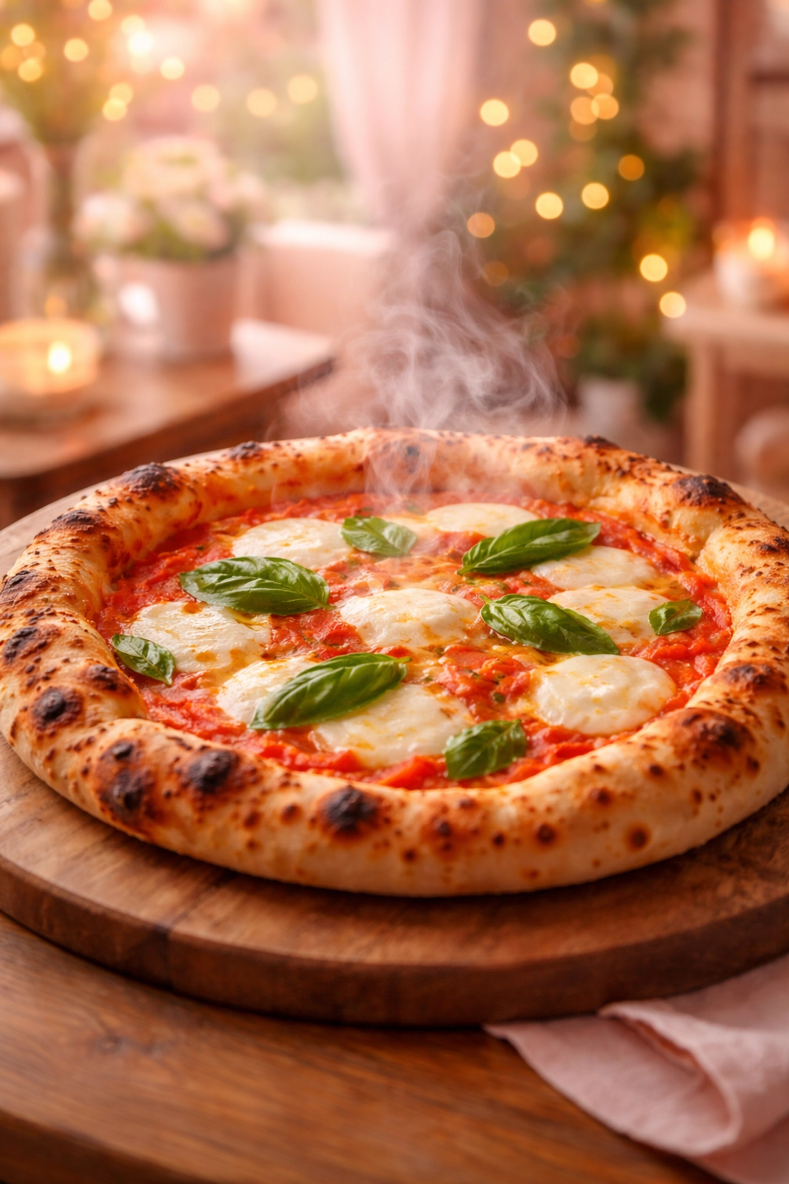 Freshly baked Neapolitan pizza with melted cheese and basil at Felixstowe's local cafe, ideal for pizza takeaway.