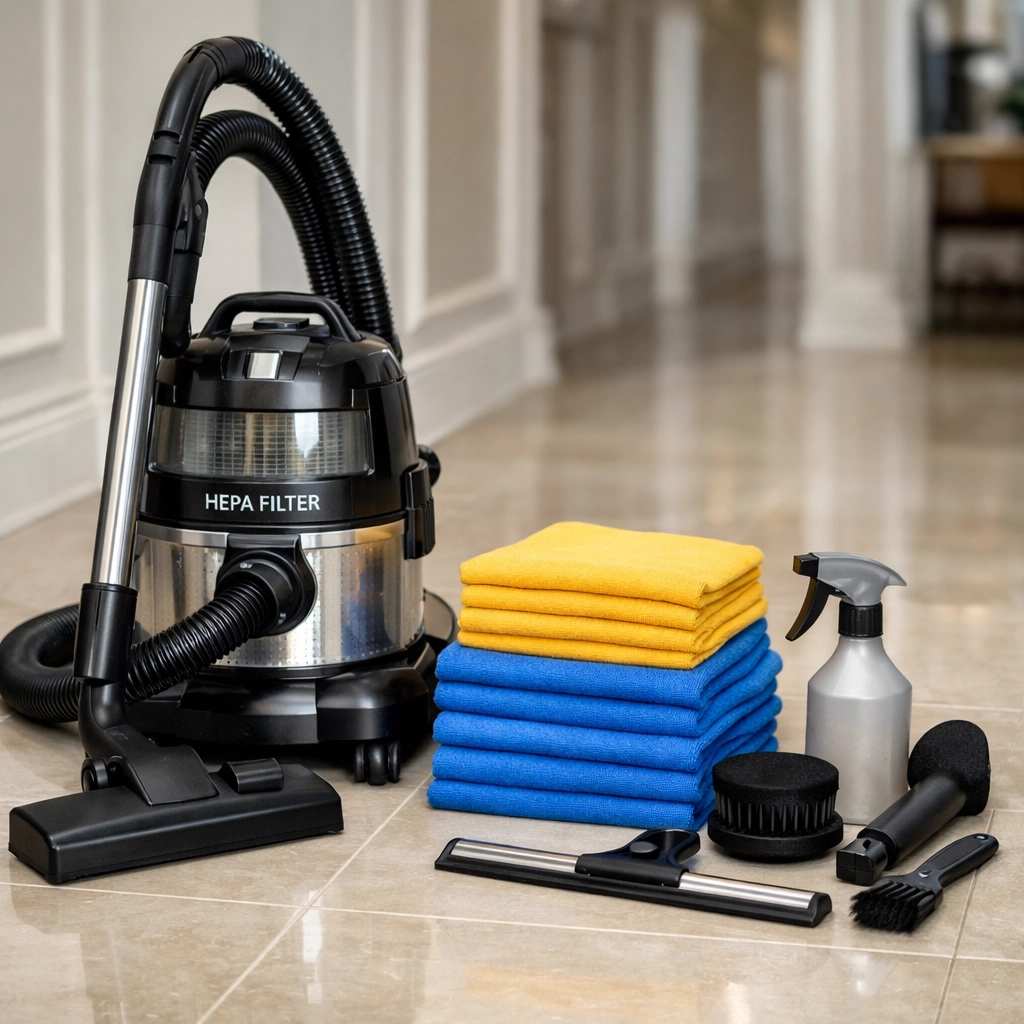 Professional HEPA vacuum and microfiber tools ready for a high-end House Cleaning Concord MA session.