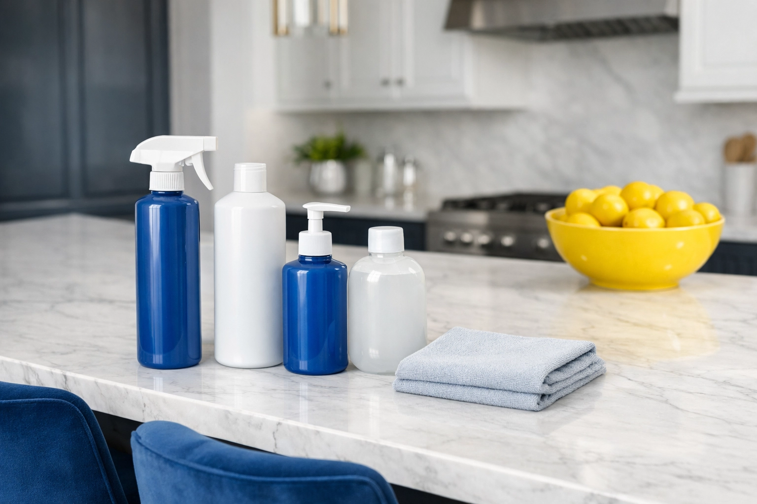 Eco-friendly house cleaning MA supplies on a marble kitchen island for professional Apartment Cleaning Massachusetts.