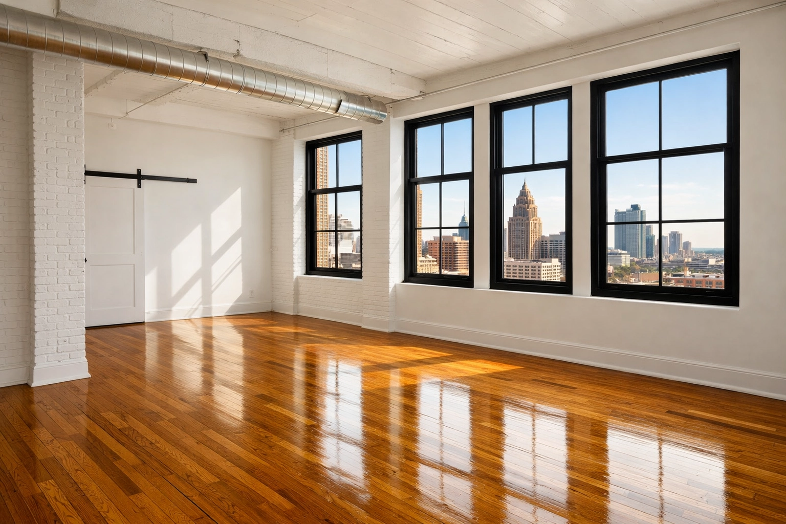 A sparkling clean, move-in ready Detroit loft bedroom with polished hardwood floors.