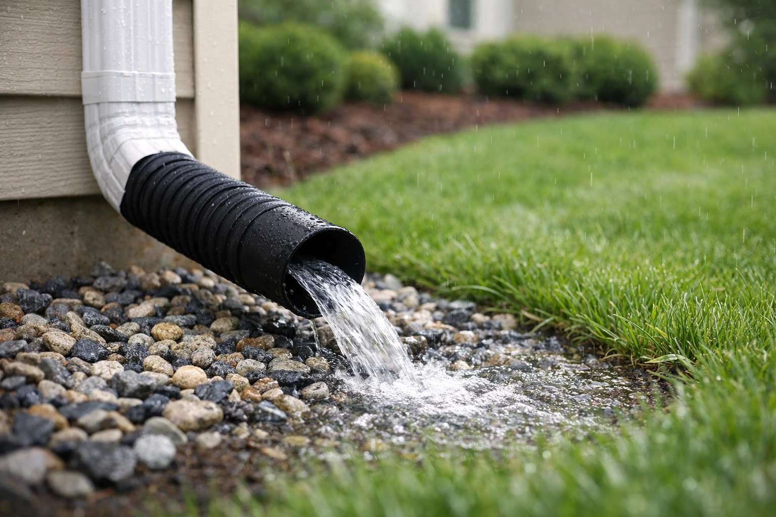 Properly installed downspout extension directing rainwater away from home foundation