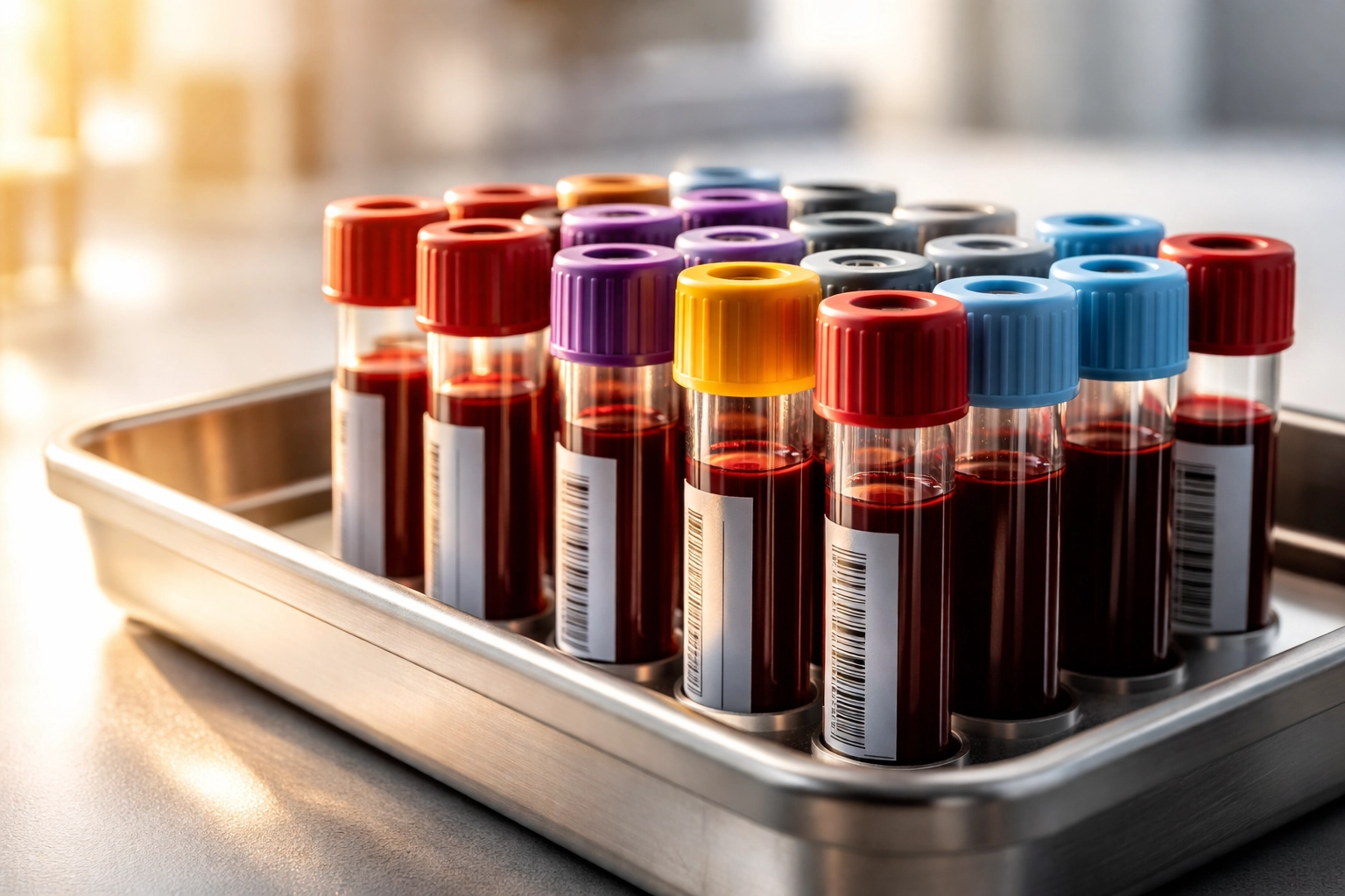 Lab blood vials used for diagnostic testing as part of ongoing medical oversight for hormone treatment