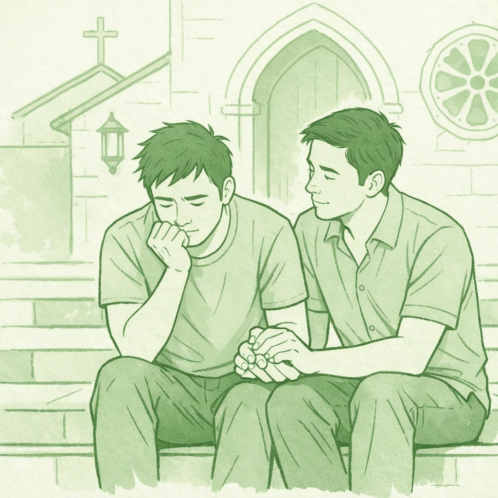 Gay Filipino men support each other outside Catholic church, navigating religious identity and acceptance