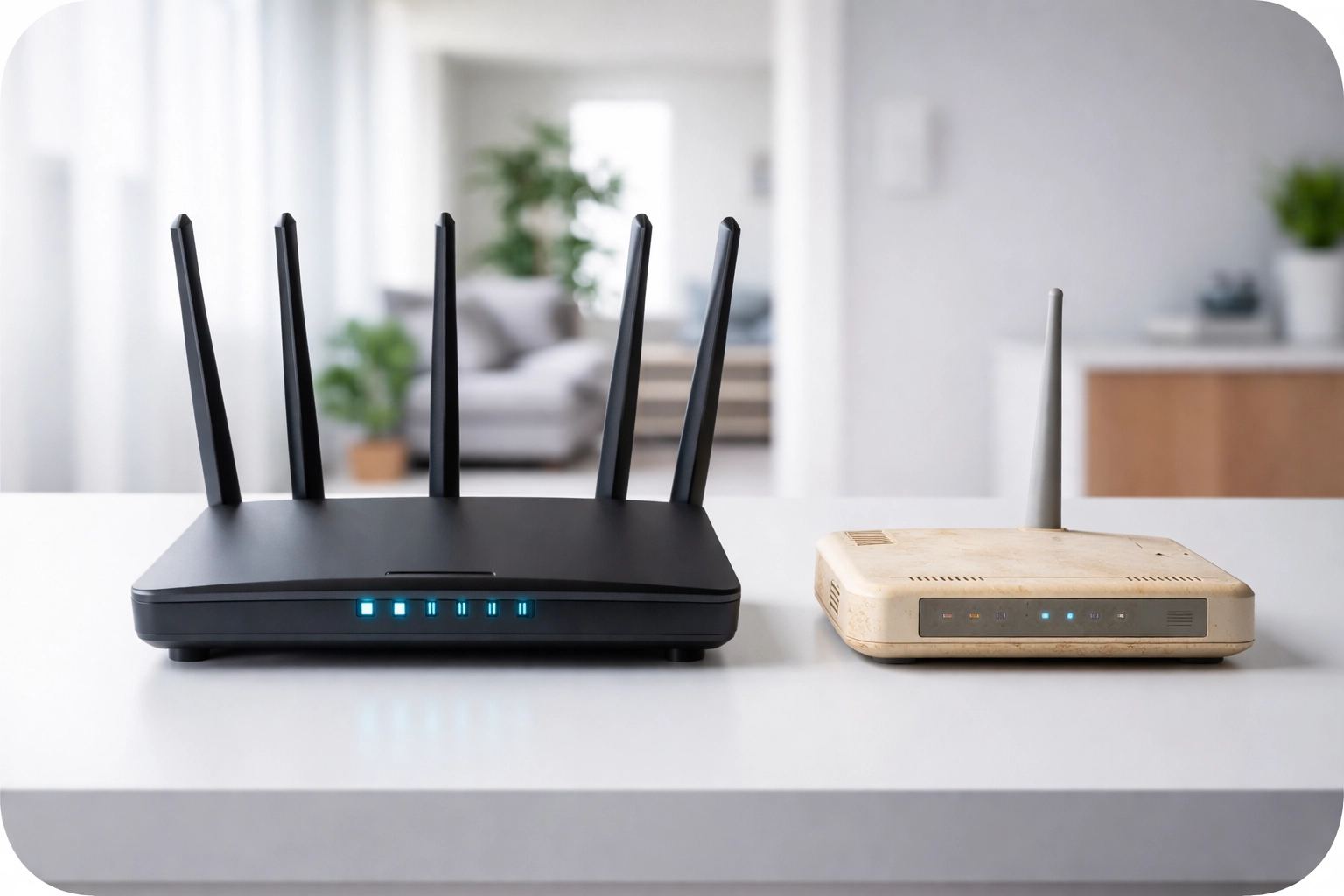 Modern dual-band Wi-Fi router next to old single-band router on desk, showing router upgrade needs in Cape Town homes