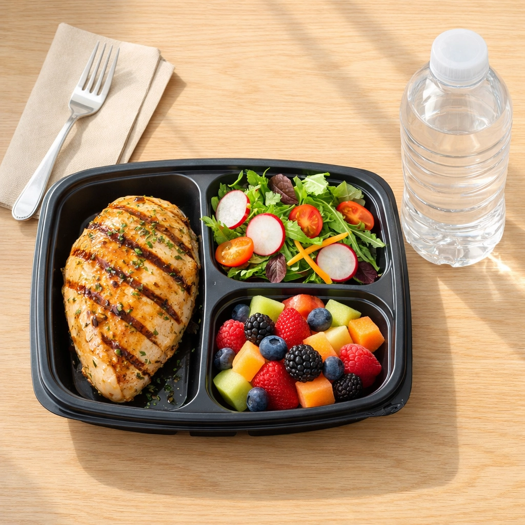 Healthy pre-packaged meal from a Tampa Bay food vendor partnership for minority-owned businesses.