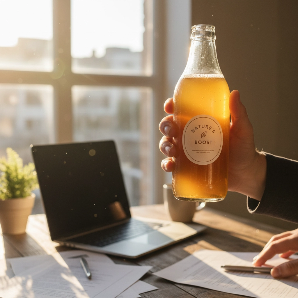 A bottle of kombucha being held in a hand.