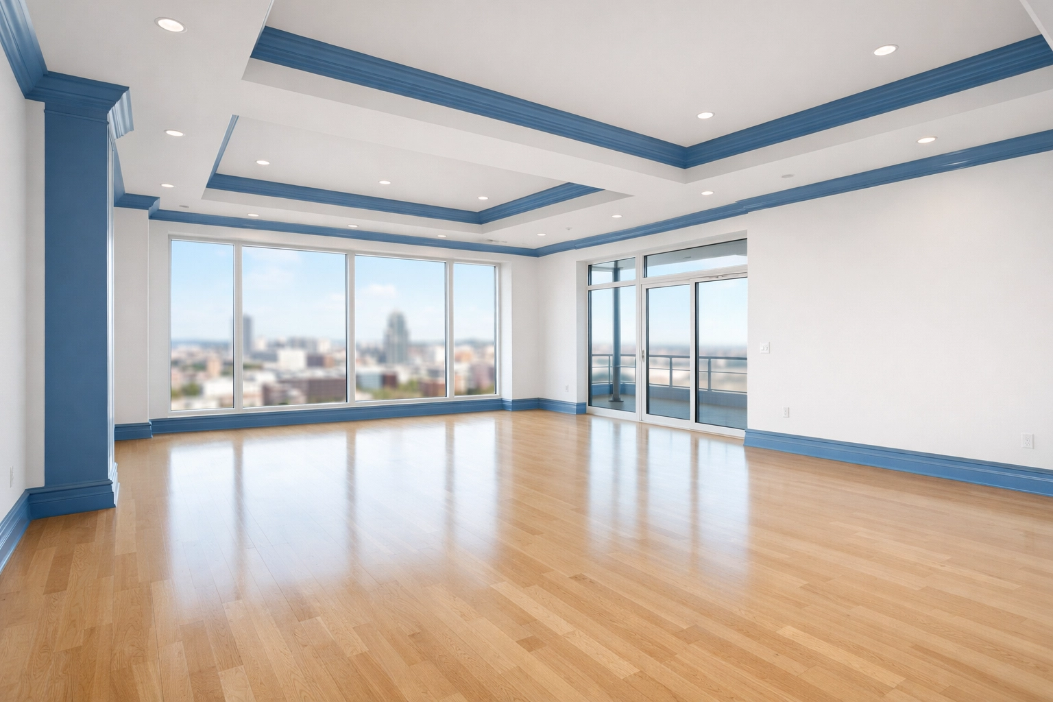 An empty luxury penthouse living room in Worcester MA showing professional move-out cleaning results.