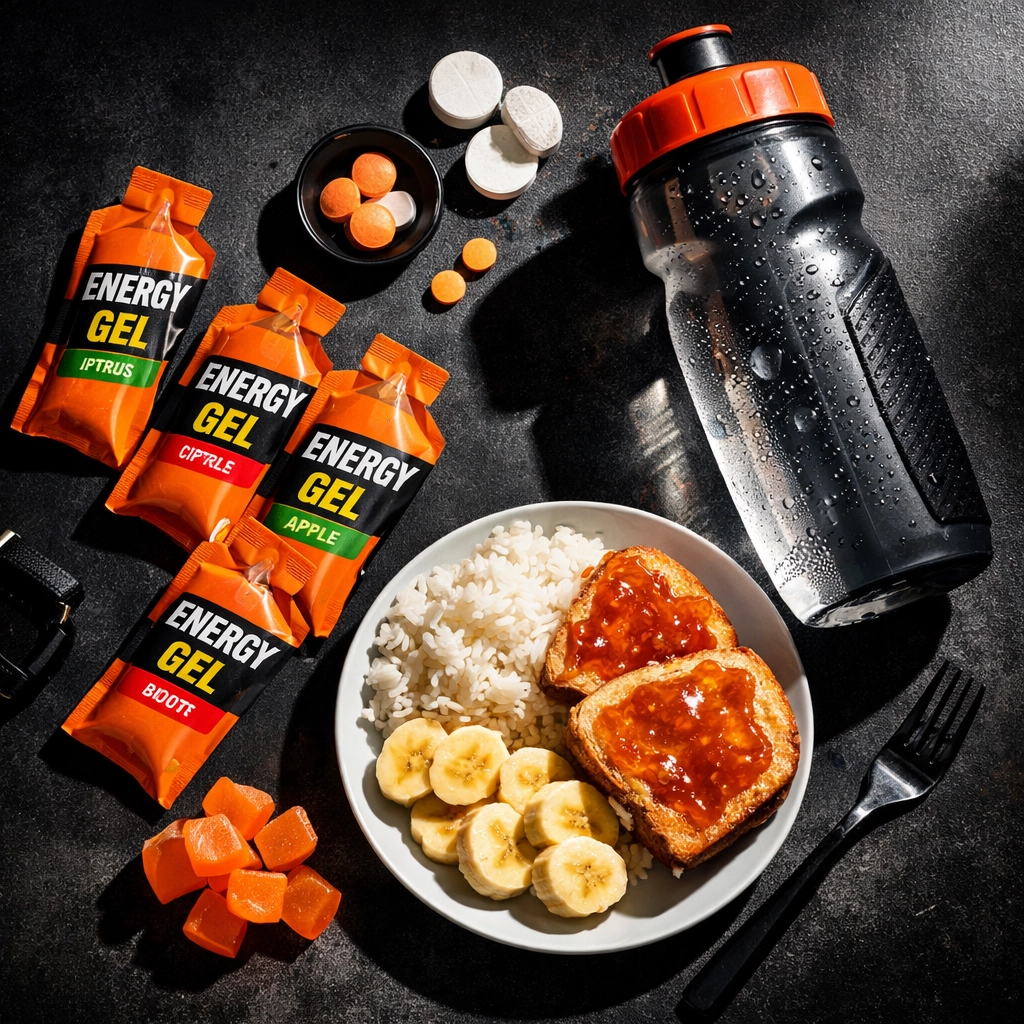 Marathon nutrition essentials including energy gels, hydration bottle, and race day fuel