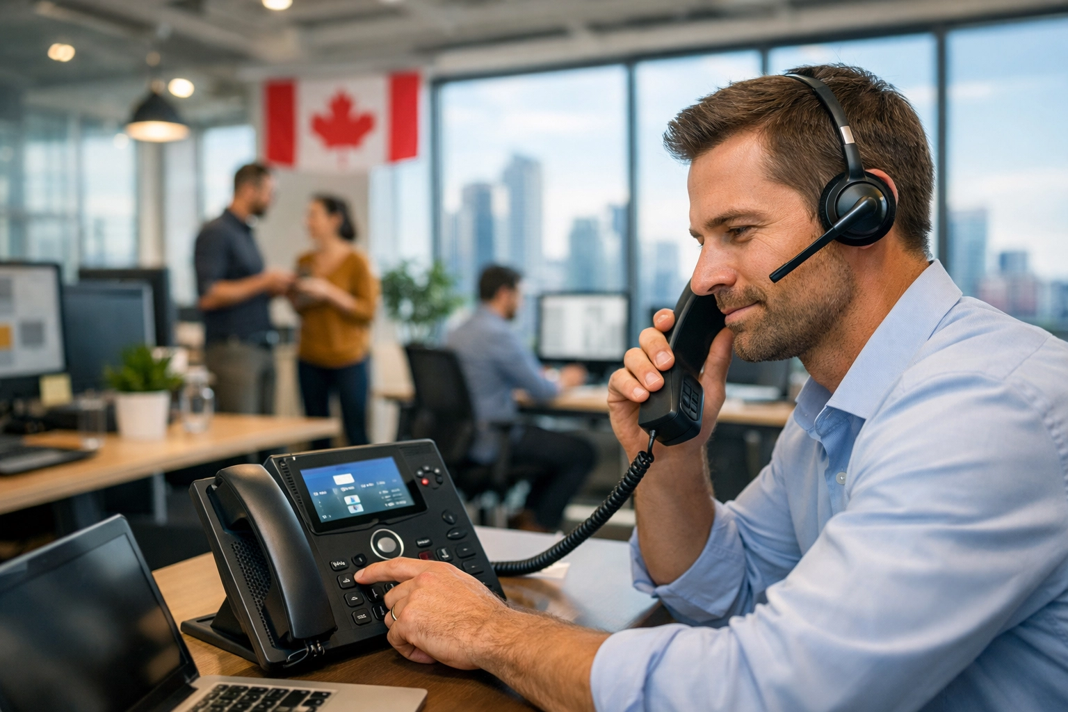 Canadian office professional using a high-end IP phone and wireless headset for business communications.
