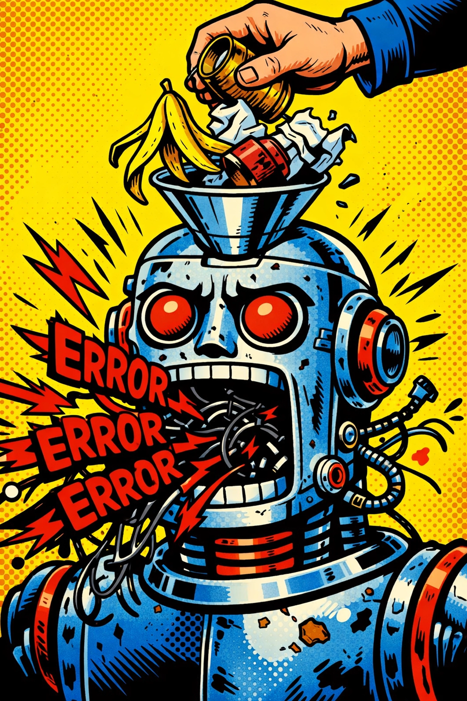Comic pop art of a robot fed trash, illustrating poor data in business automation tools.