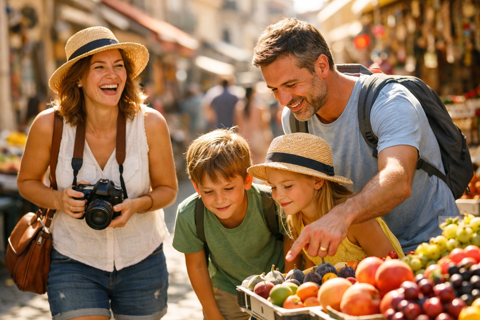 Happy family exploring a vibrant outdoor market together, capturing authentic travel photos on a family trip.