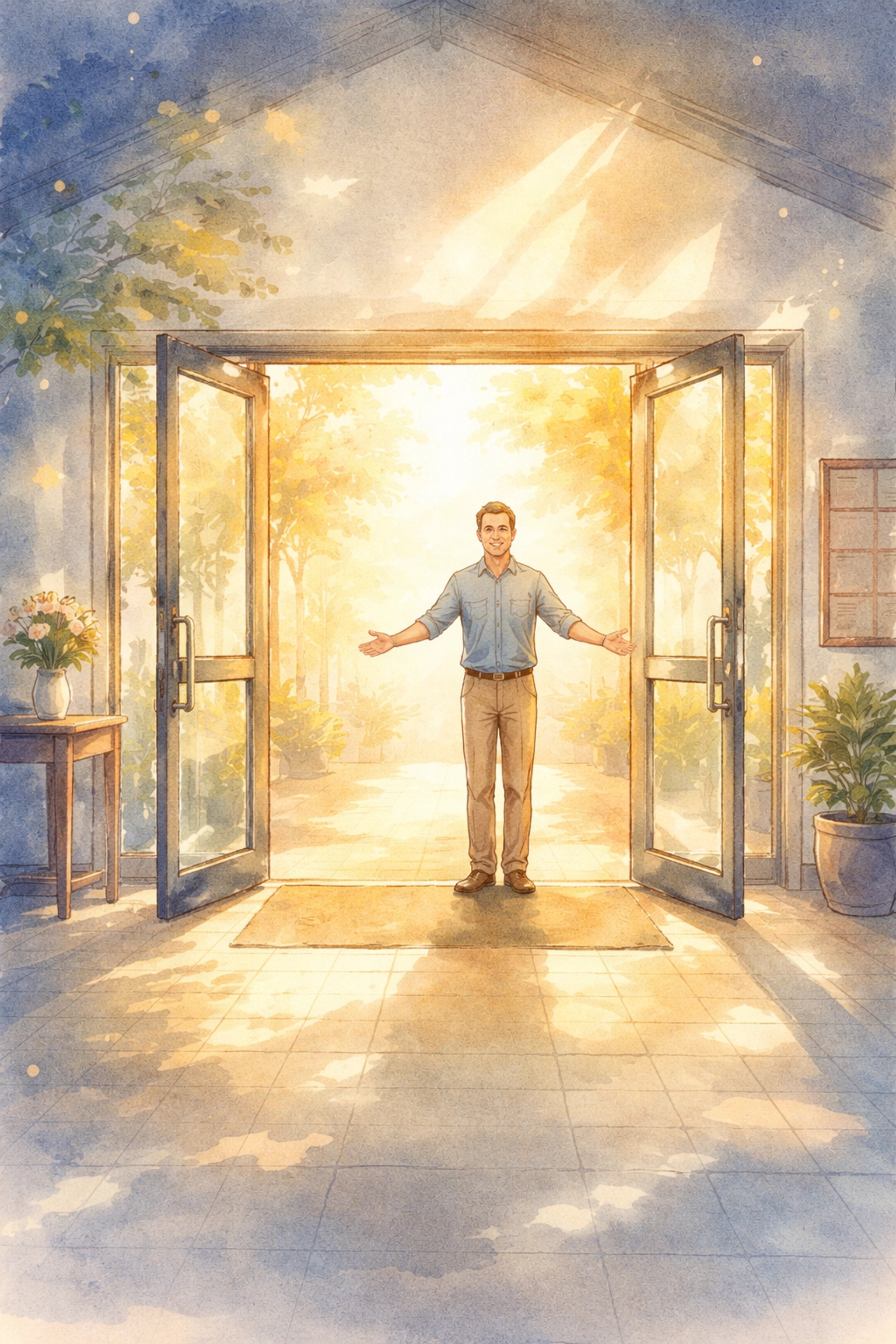 Church entrance with welcoming greeter in morning sunlight, illustrating intentional hospitality for Memphis church welcome teams.