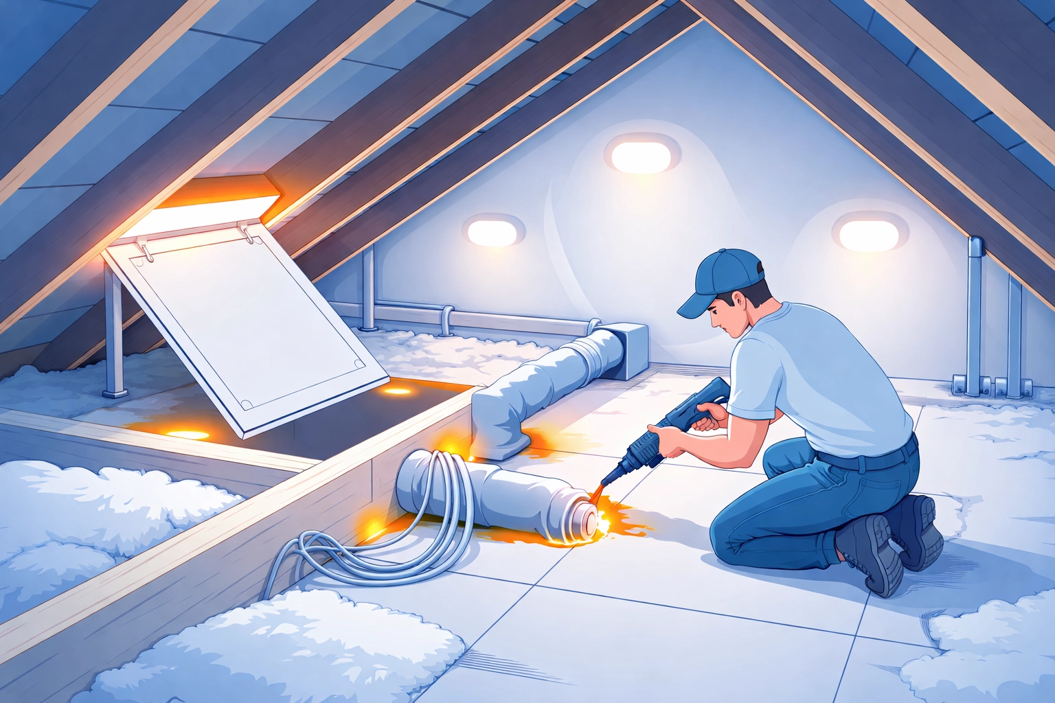 Illustration of a homeowner sealing air leaks in a loft to prevent heat loss and improve insulation