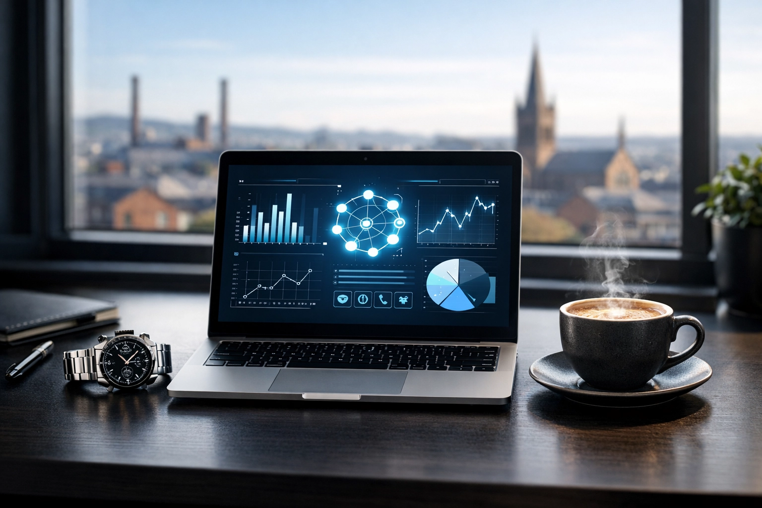 Modern office setup with property data, illustrating efficient technology-led bridging finance.