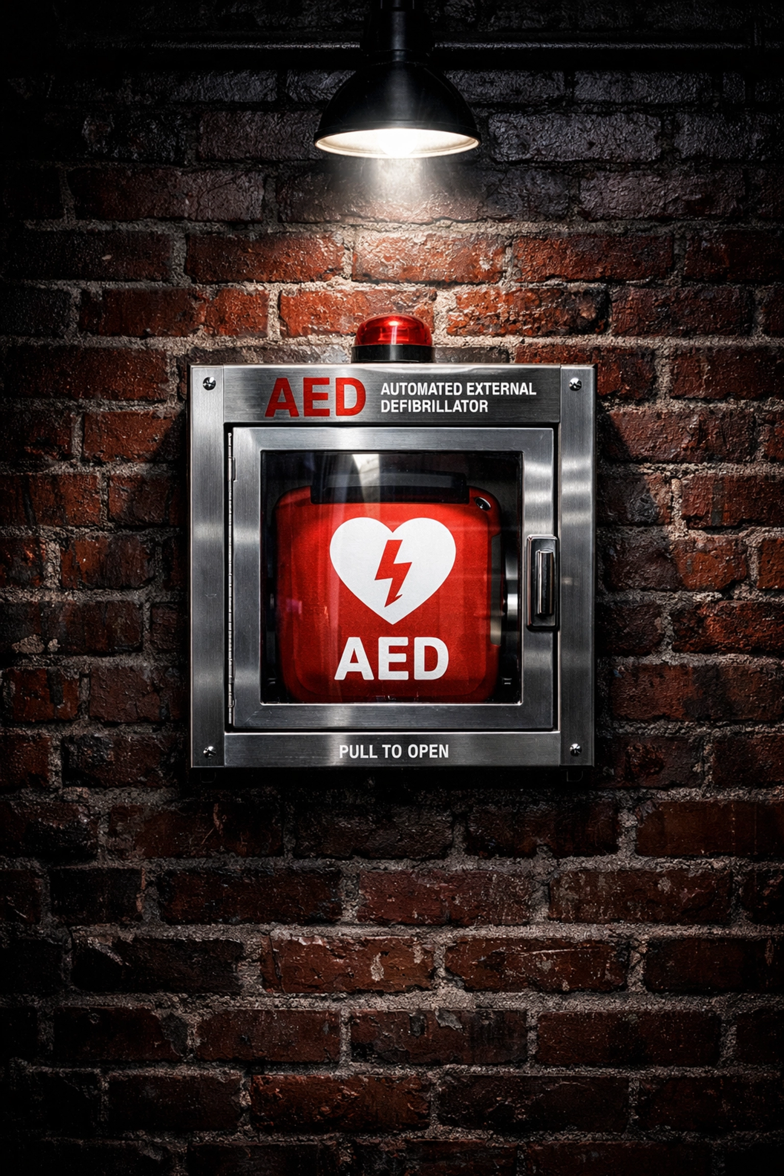 A steel AED wall cabinet mounted on a brick wall in a Fort Wayne factory for workplace safety.