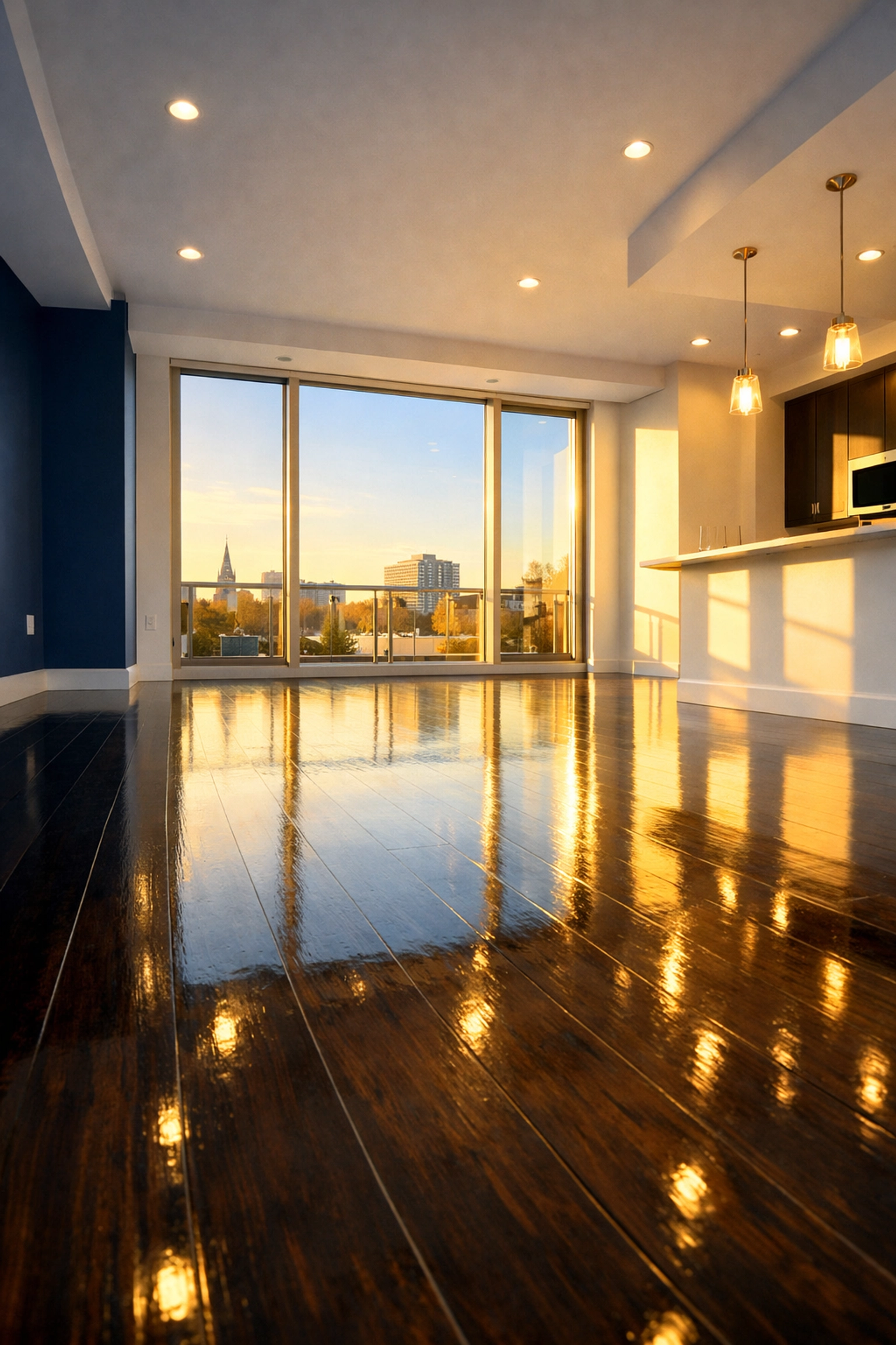 Gleaming dark wood floors in a luxury condo after a thorough move-out cleaning service in Cambridge, MA.