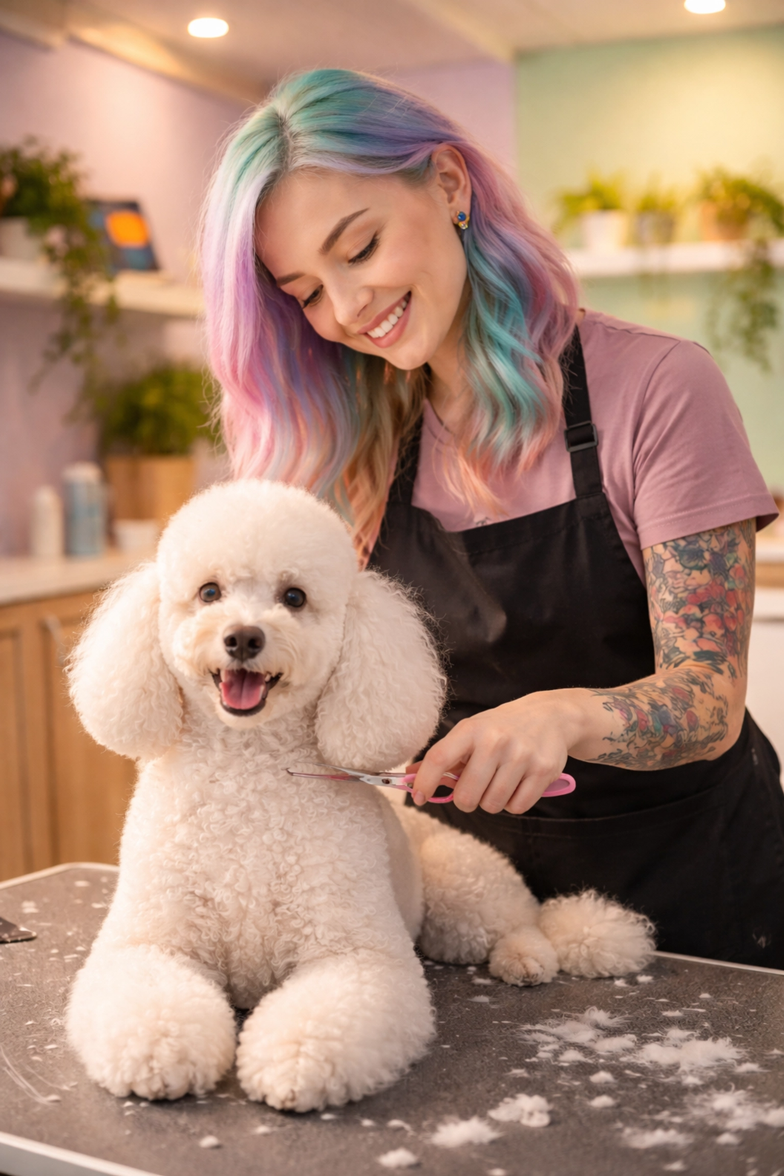 Pet groomer with colorful hair caring for a poodle in an inclusive, LGBTQ+ friendly grooming salon.