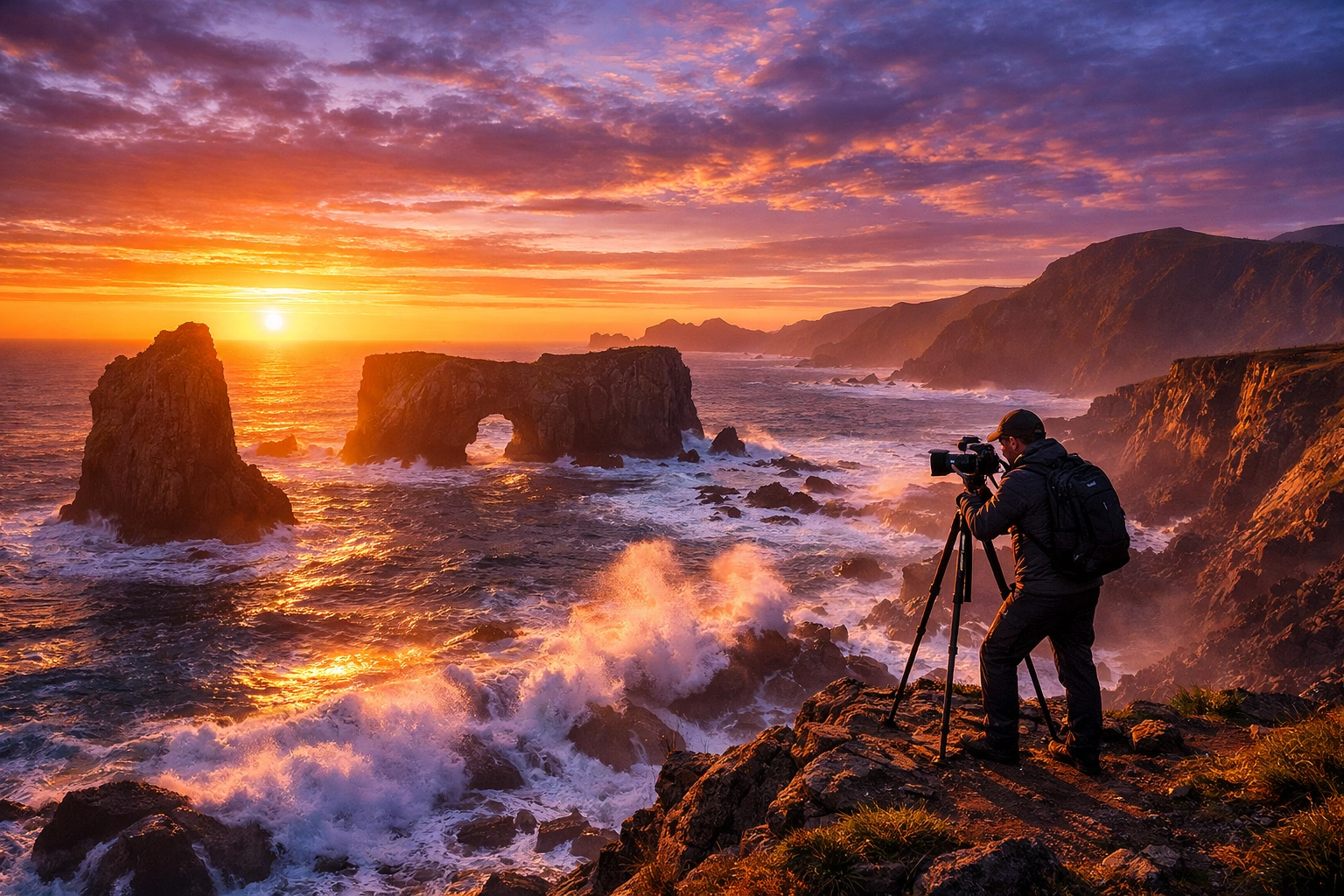 A successful freelance videographer capturing a scenic sunrise shoot with a professional camera tripod.