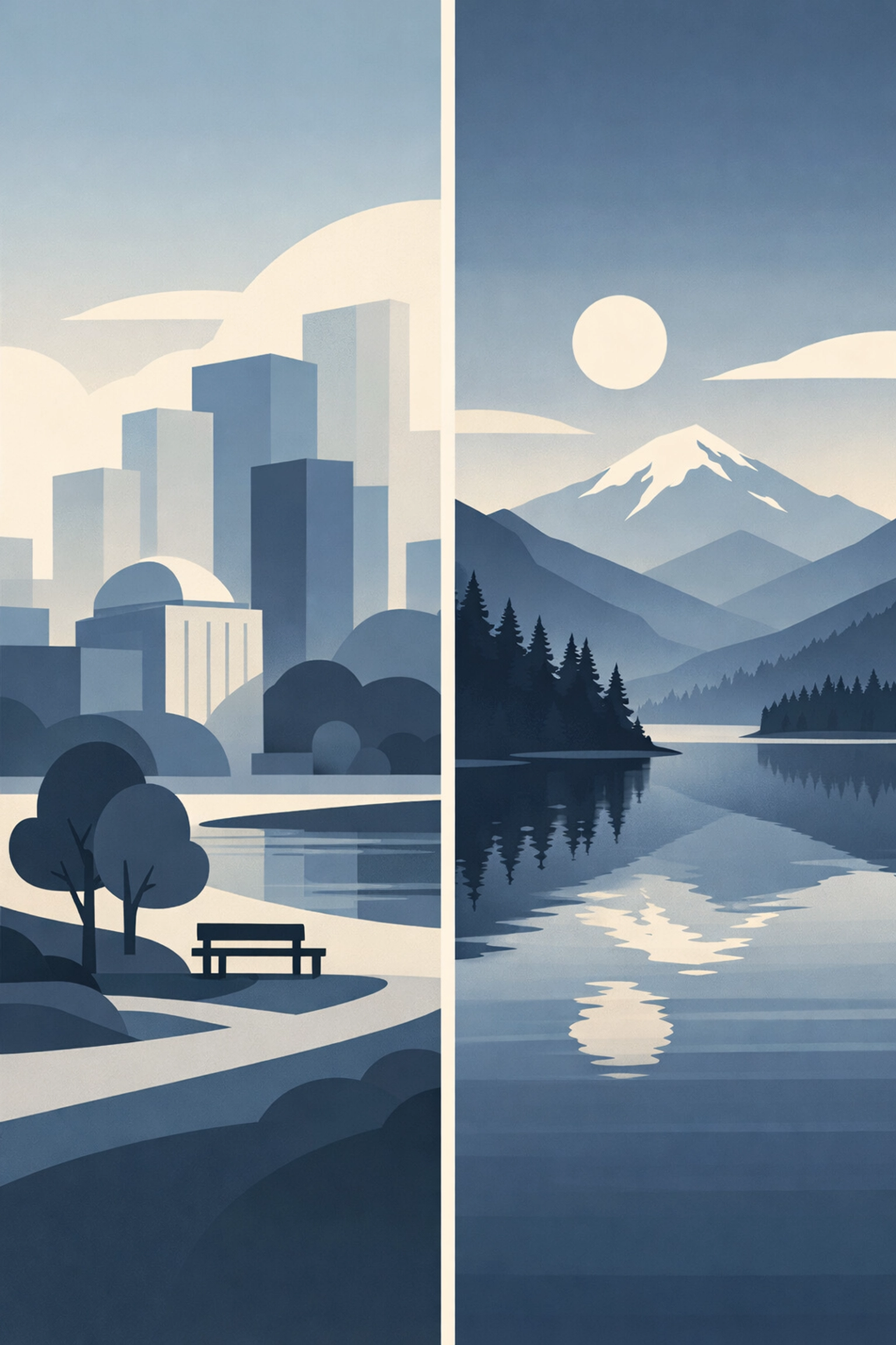 Minimalist landscape of Spokane's urban amenities contrasted with North Idaho's outdoor recreation.