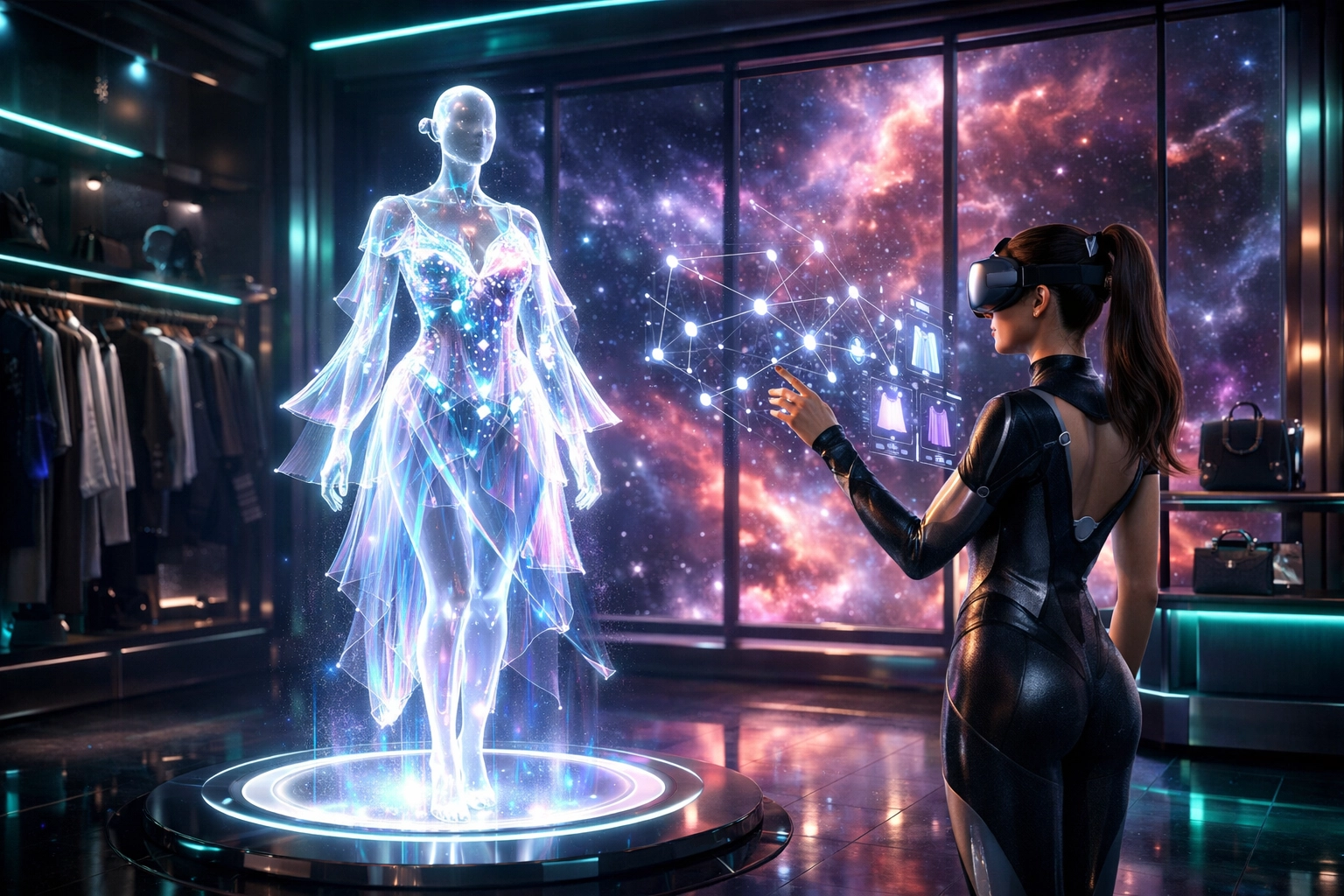 AI-powered shopping experience in a virtual boutique featuring digital Web3 payment interfaces.