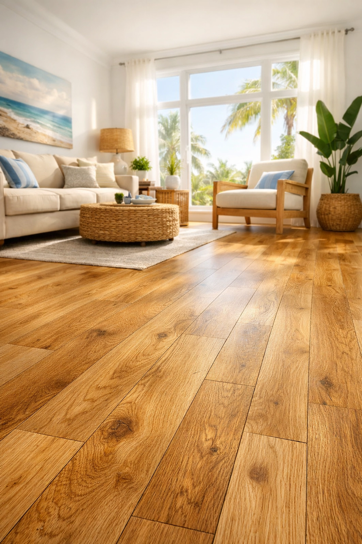 Luxury vinyl plank flooring renovation in modern Orlando Florida living room with natural sunlight