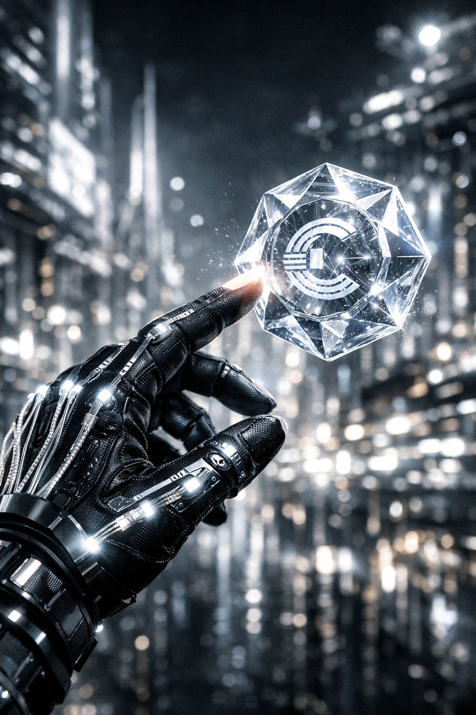 Futuristic AI payment interface with a haptic hand interacting with a digital Larecoin token in a virtual city.