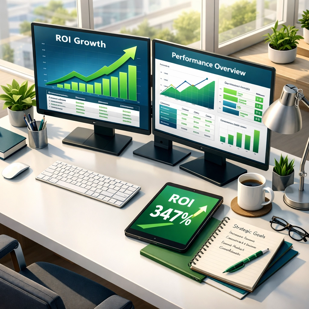 ServiceNow ROI growth charts showing 347% return and performance benchmark achievements