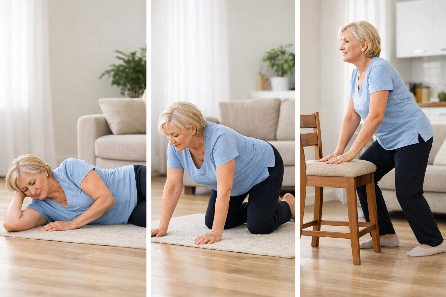 Three-step sequence showing safe technique to get up from floor after a fall using chair support
