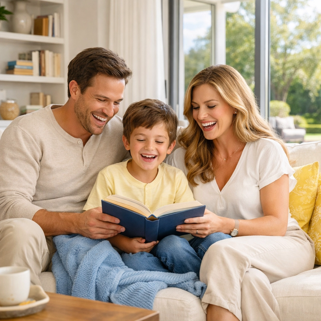 Happy family relaxing in a clean living room thanks to residential cleaning in Athol MA.
