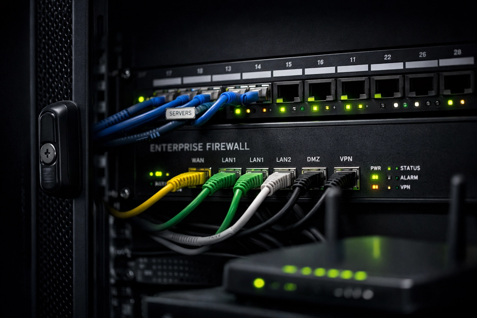 Close-up of an enterprise firewall mounted in a rack with labeled cables and status LEDs, with a consumer router out of place nearby.