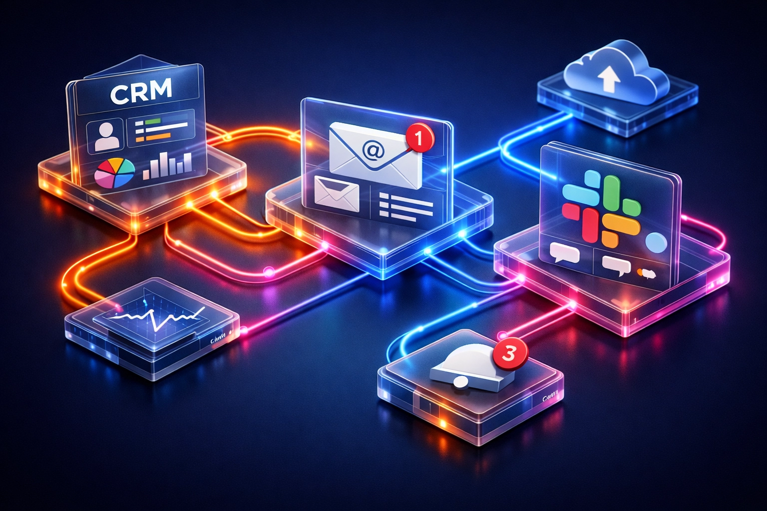 Why AI Automation for Small Business Will Change the Way You Handle Lead Management Forever 3 Interconnected software tools and CRM creating a synchronized business process automation ecosystem.