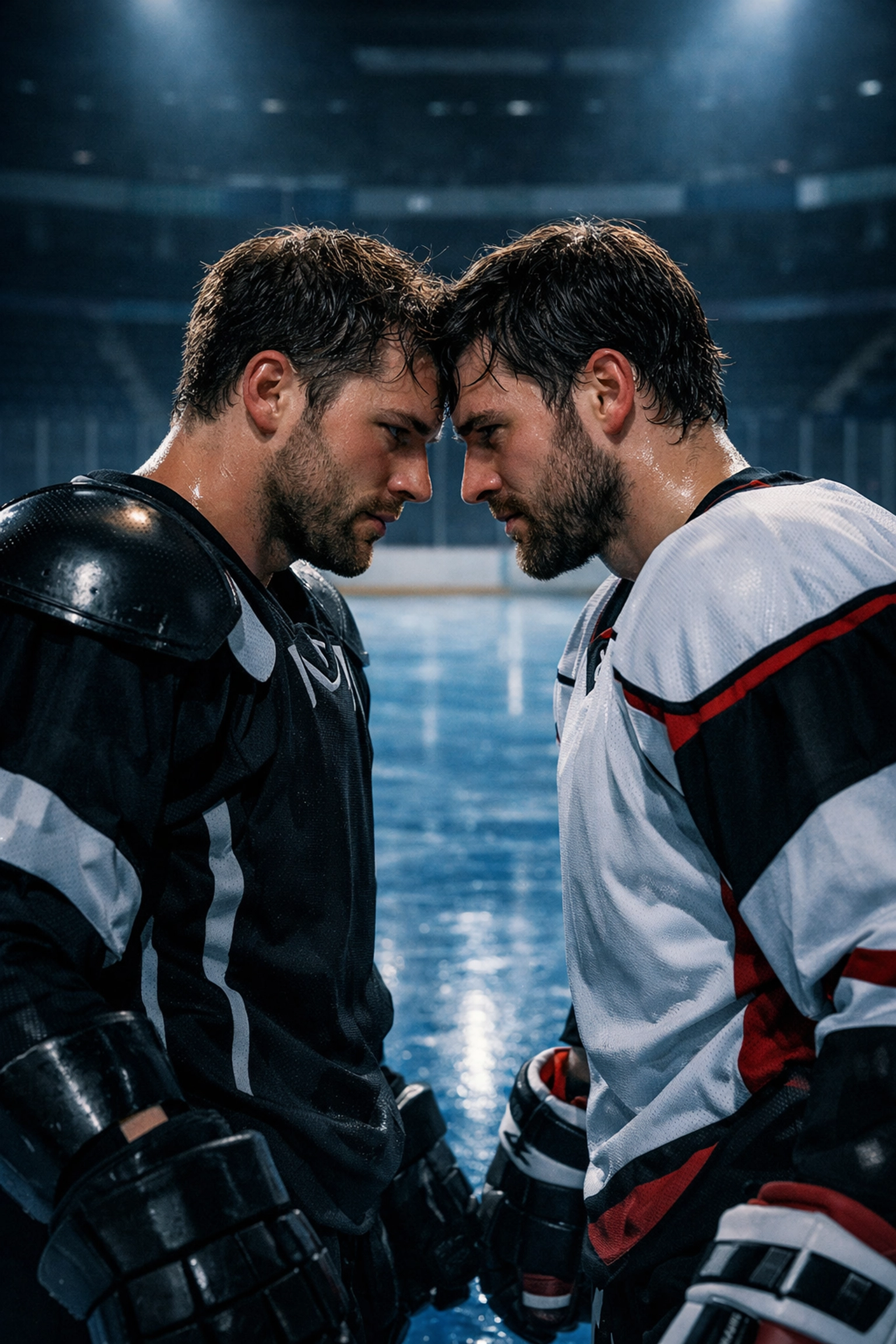 Intimate moment between two male hockey players on ice in an MM hockey romance.