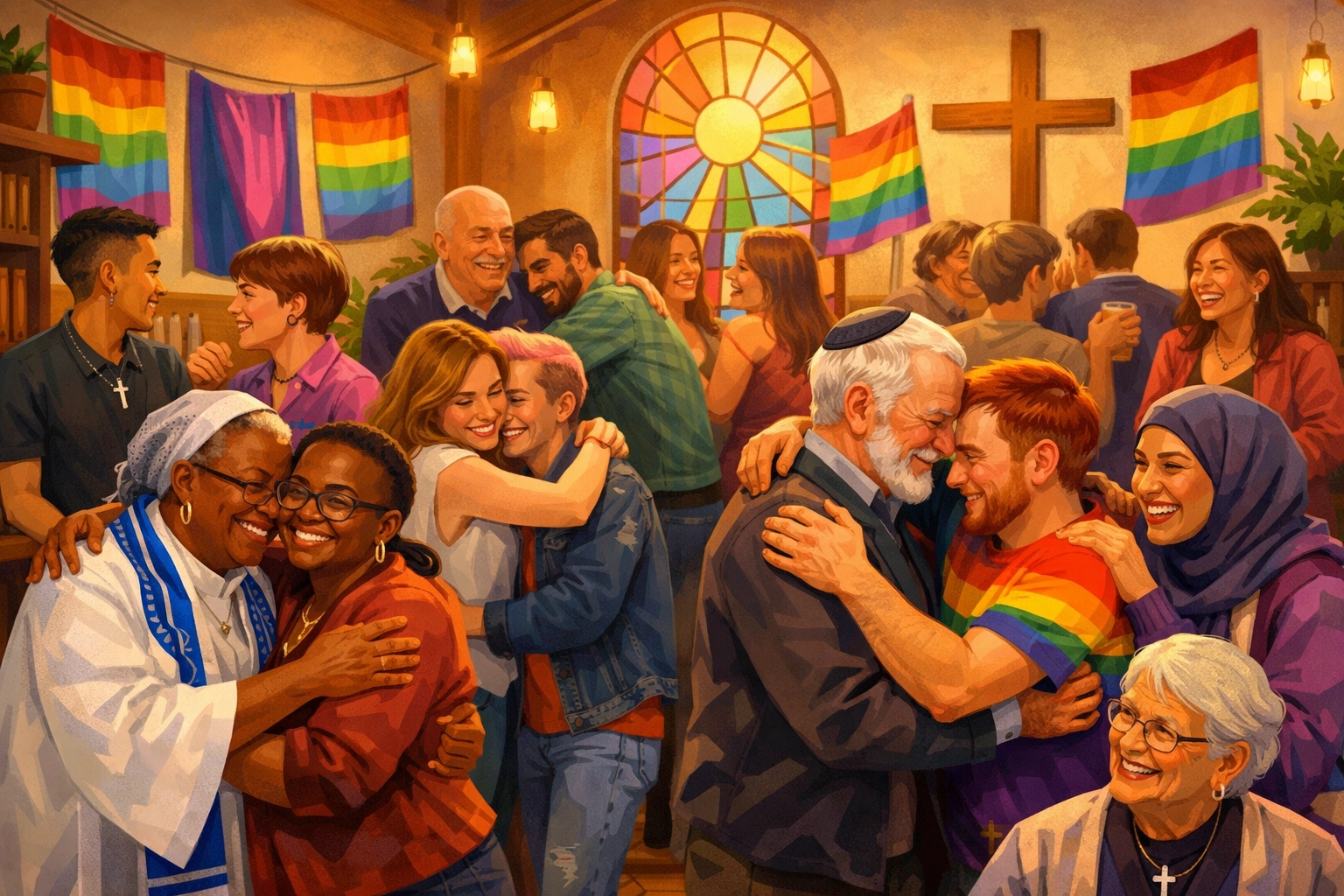 LGBTQ+ people gathering in affirming faith community space with rainbow flags and spiritual symbols
