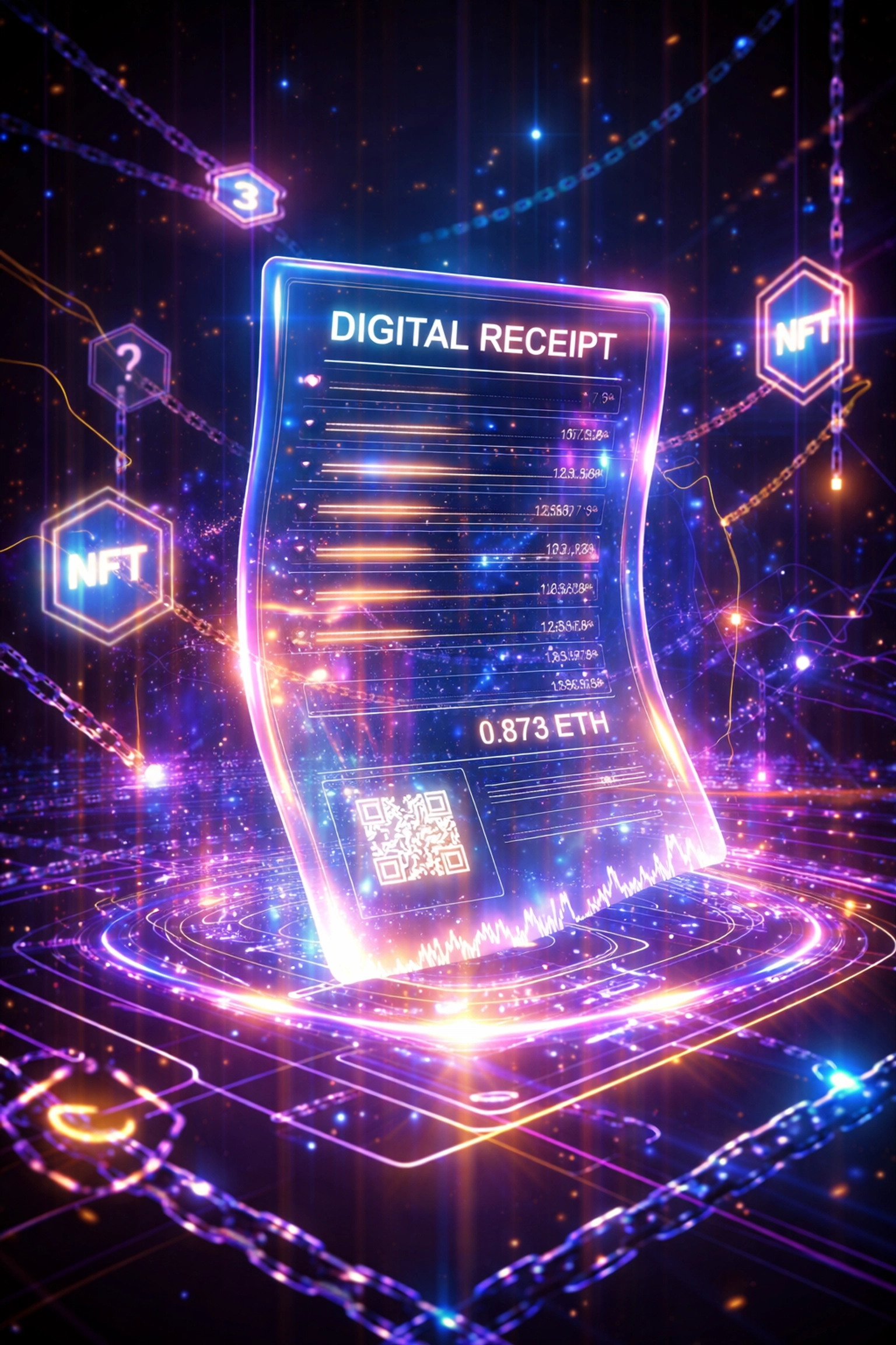 Futuristic NFT receipt representing blockchain-based accounting and crypto POS system innovation for small businesses