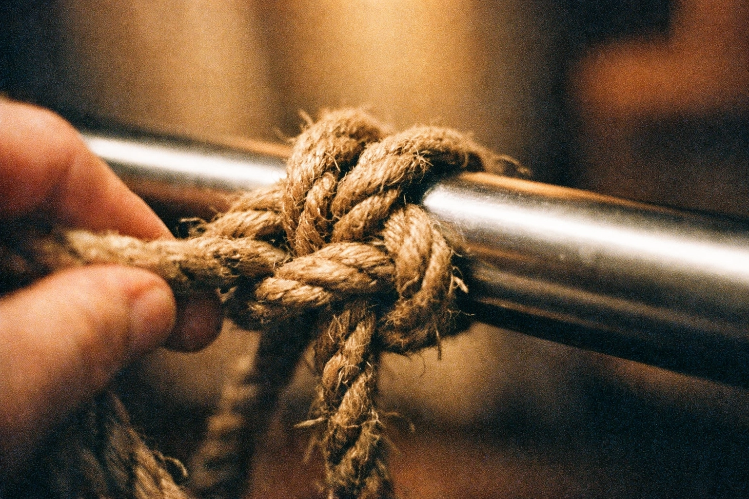 Grainy macro of a knot being tied in rough rope around a smooth metal bar like a chair leg, implied restraint technique.